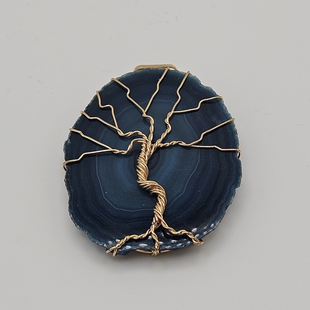 blue agate slice pendant with gold tone wire tree of life